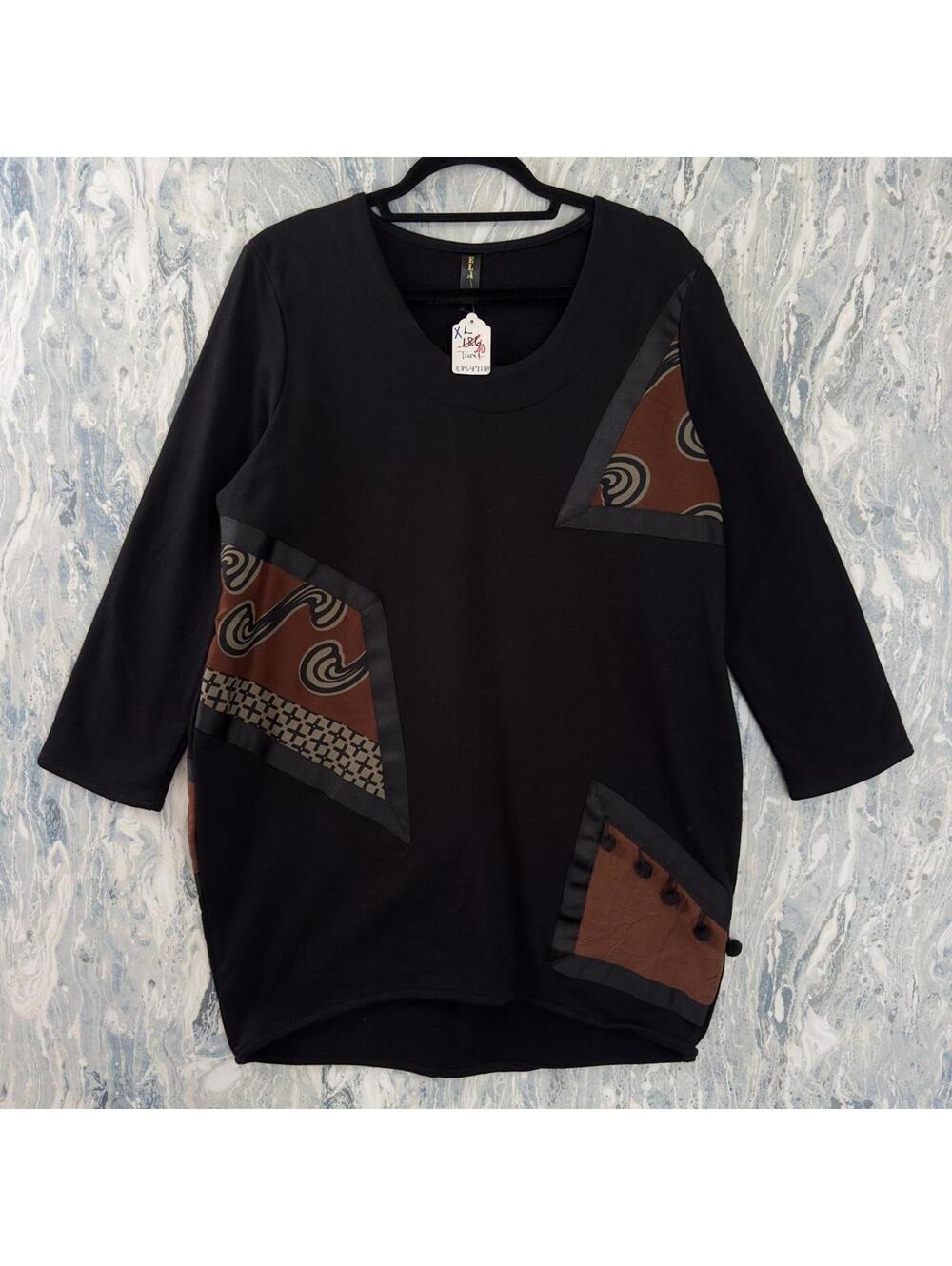 Boho Black Patchwork Geometric Pattern Tunic (XL)
